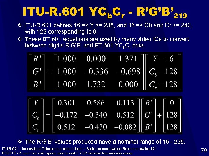ITU-R. 601 YCb. Cr - R’G’B’ 219 v ITU-R. 601 defines 16 =< Y