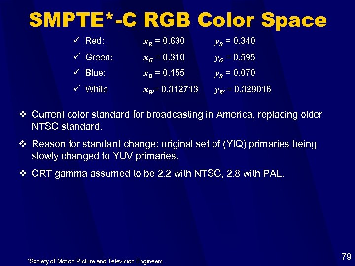 SMPTE*-C RGB Color Space ü Red: x. R = 0. 630 y. R =
