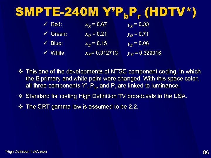 SMPTE-240 M Y’Pb. Pr (HDTV*) ü Red: x. R = 0. 67 y. R