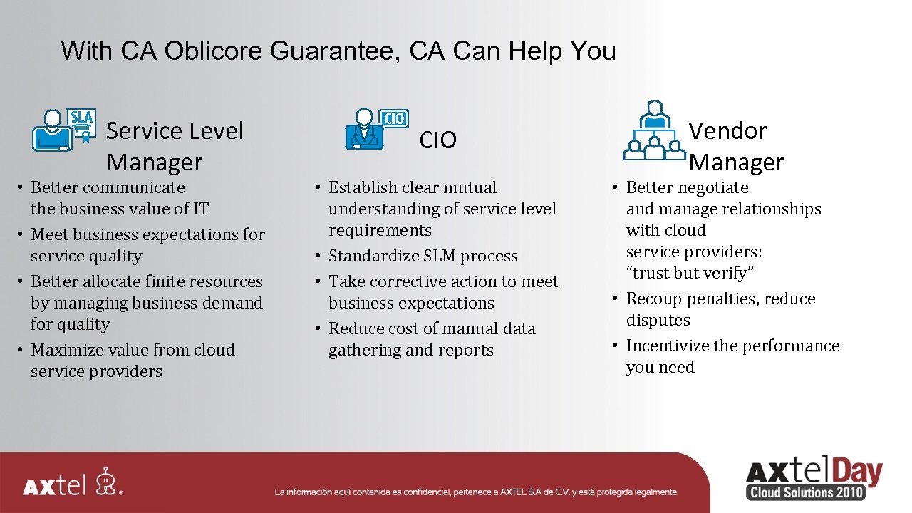 With CA Oblicore Guarantee, CA Can Help You Service Level Manager • Better communicate
