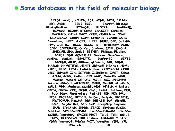  Some databases in the field of molecular biology… AATDB, Ace. Db, ACUTS, ADB,