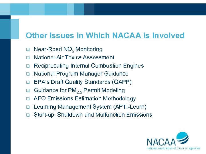 Other Issues in Which NACAA is Involved q q q q q Near-Road NO