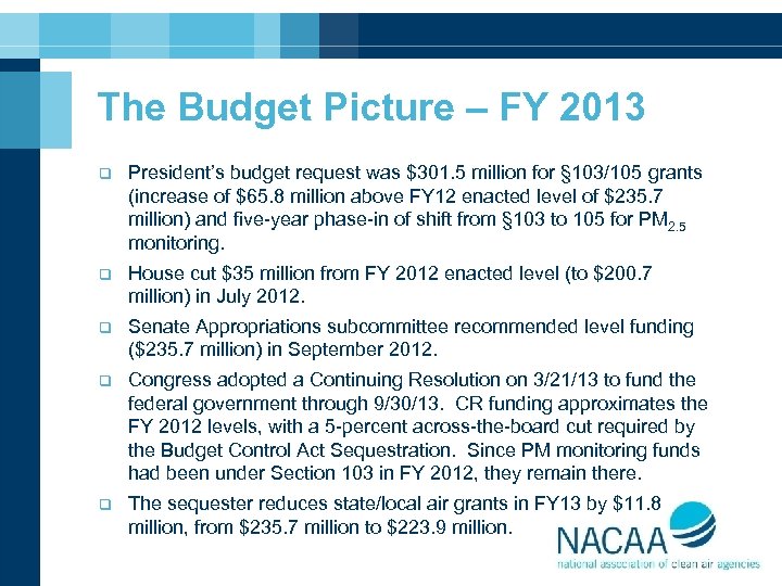 The Budget Picture – FY 2013 q President’s budget request was $301. 5 million