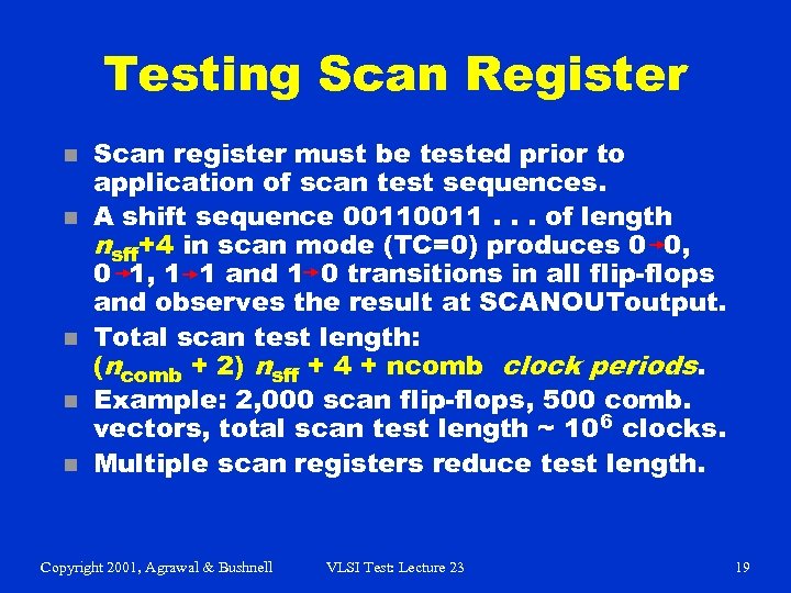 Testing Scan Register n n n Scan register must be tested prior to application