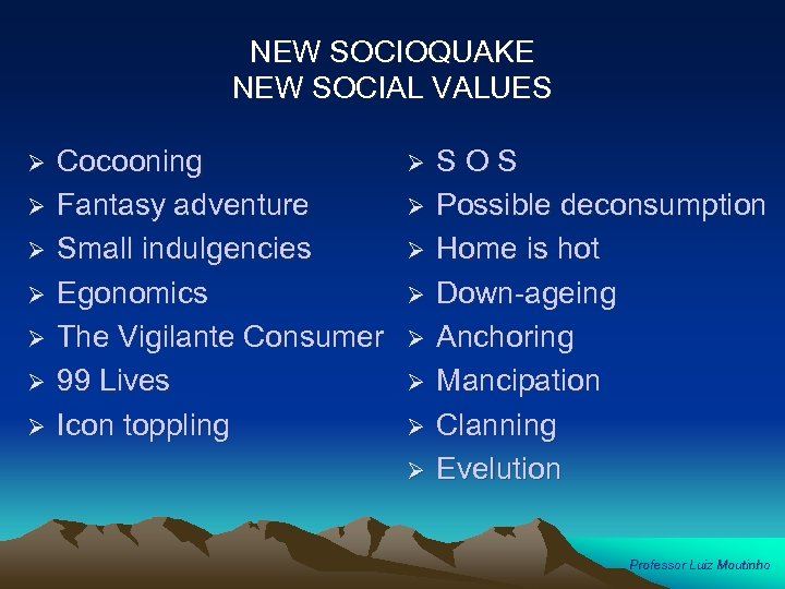 NEW SOCIOQUAKE NEW SOCIAL VALUES Ø Ø Ø Ø Cocooning Fantasy adventure Small indulgencies