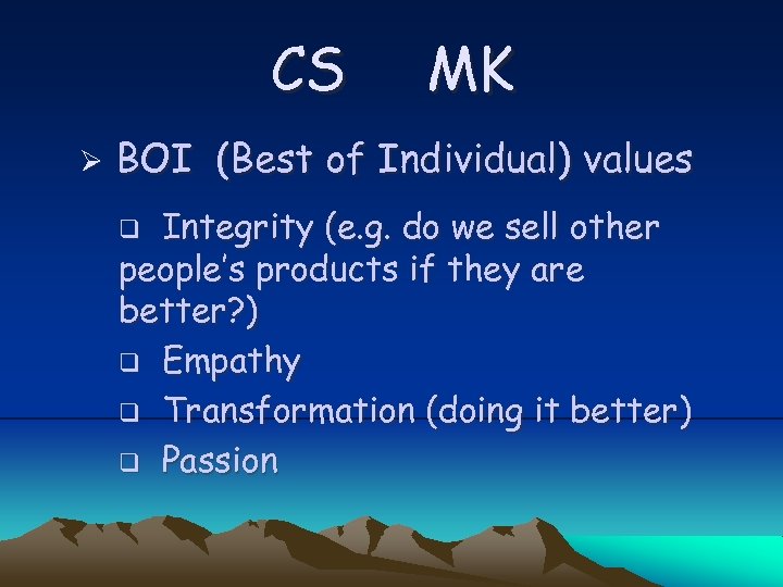 CS Ø MK BOI (Best of Individual) values Integrity (e. g. do we sell