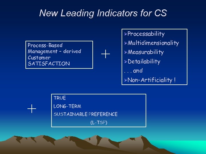 New Leading Indicators for CS ØProcessability ØMultidimensionality Process-Based Management – derived Customer SATISFACTION ØMeasurability