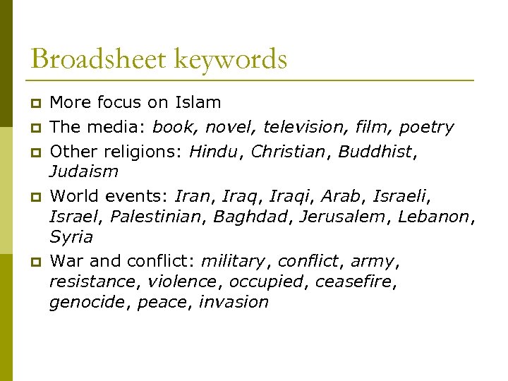 Broadsheet keywords p p p More focus on Islam The media: book, novel, television,