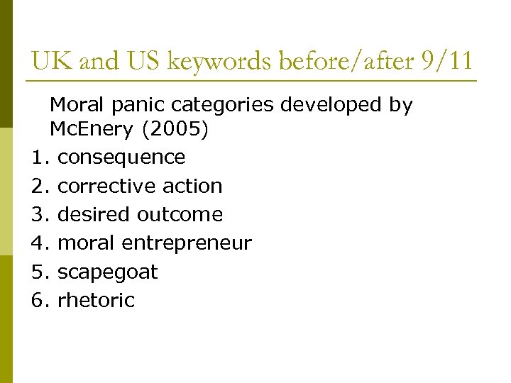 UK and US keywords before/after 9/11 Moral panic categories developed by Mc. Enery (2005)