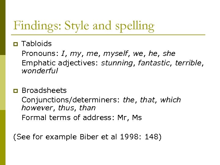 Findings: Style and spelling p Tabloids Pronouns: I, my, me, myself, we, he, she