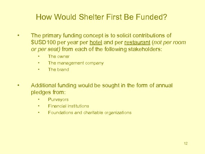 How Would Shelter First Be Funded? • The primary funding concept is to solicit