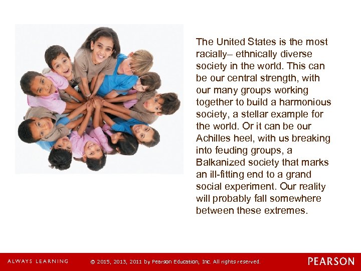 The United States is the most racially– ethnically diverse society in the world. This