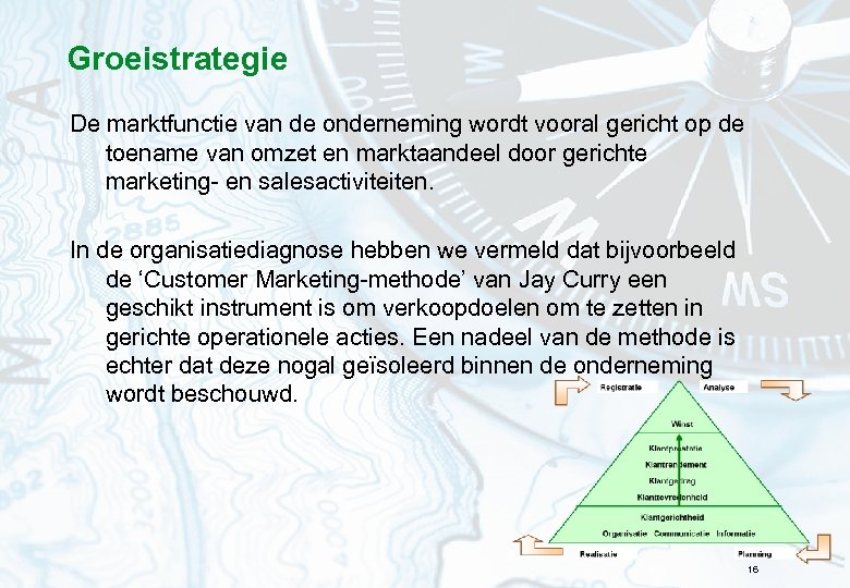 Groeistrategie De marktfunctie van de onderneming wordt vooral gericht op de toename van omzet