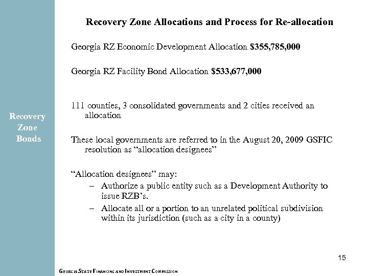 Recovery Zone Allocations and Process for Re-allocation Georgia RZ Economic Development Allocation $355, 785,