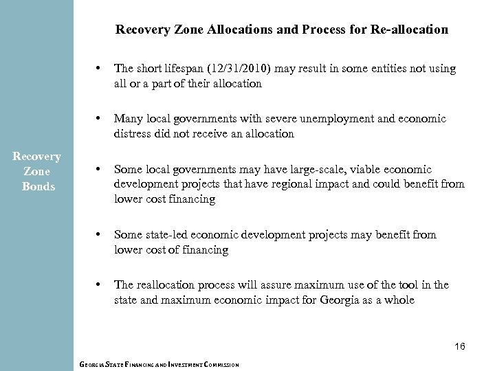 Recovery Zone Allocations and Process for Re-allocation • • Recovery Zone Bonds The short