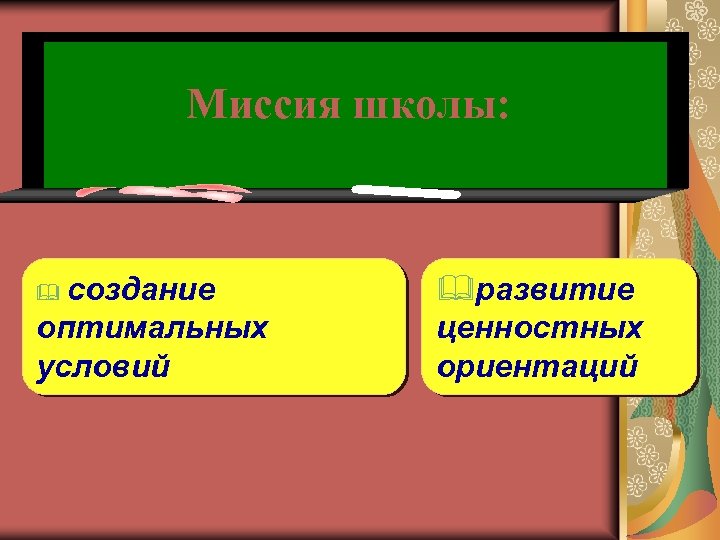 Миссия школы: & создание оптимальных условий &развитие ценностных ориентаций 