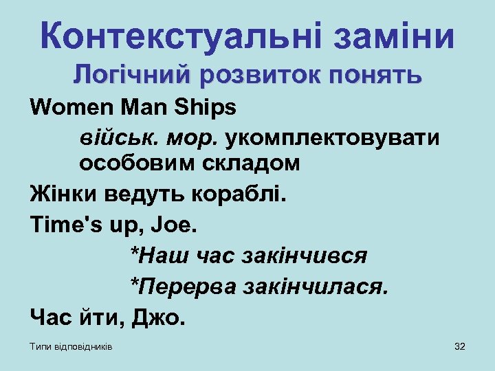 Контекстуальні заміни Логічний розвиток понять Women Man Ships військ. мор. укомплектовувати особовим складом Жінки