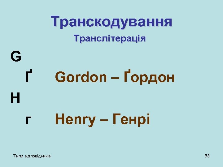 Транскодування Транслітерація G Ґ Gordon – Ґордон г Henry – Генрі H Типи відповідників