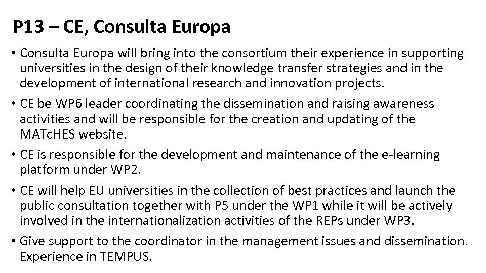 P 13 – CE, Consulta Europa • Consulta Europa will bring into the consortium