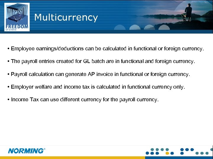 Multicurrency • Employee earnings/deductions can be calculated in functional or foreign currency. • The