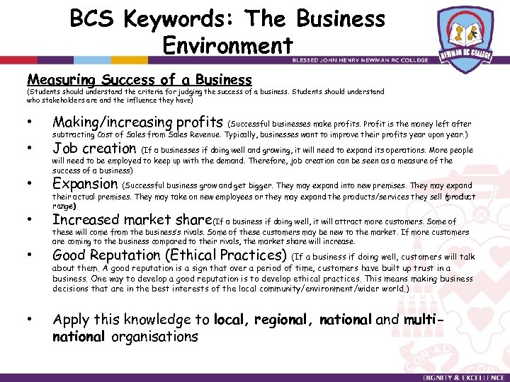 BCS Keywords: The Business Environment Measuring Success of a Business (Students should understand the