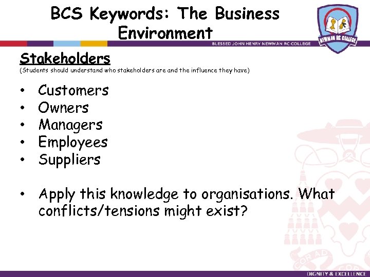 BCS Keywords: The Business Environment Stakeholders (Students should understand who stakeholders are and the