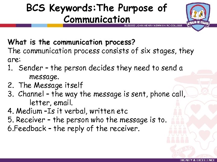 BCS Keywords: The Purpose of Communication What is the communication process? The communication process