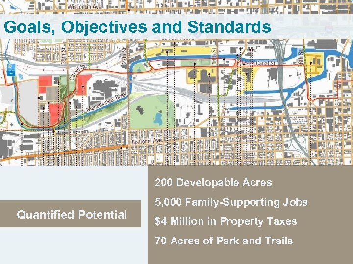 Goals, Objectives and Standards 200 Developable Acres Quantified Potential 5, 000 Family-Supporting Jobs $4
