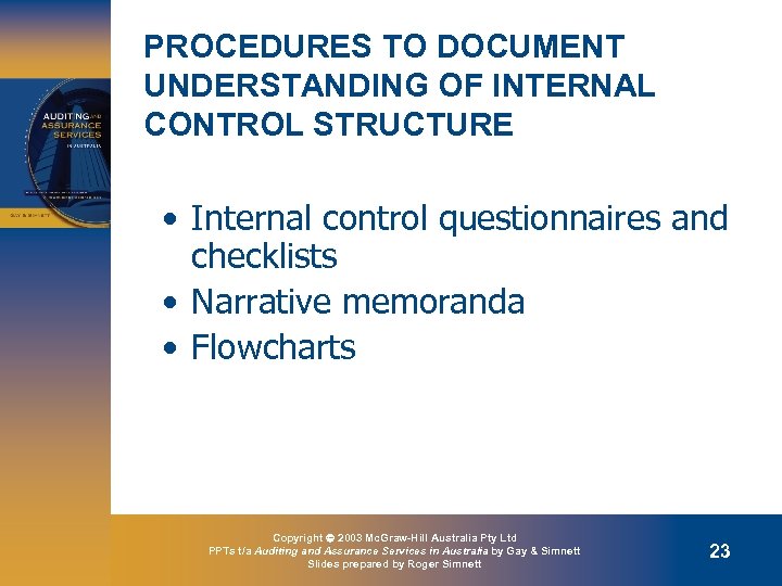 PROCEDURES TO DOCUMENT UNDERSTANDING OF INTERNAL CONTROL STRUCTURE • Internal control questionnaires and checklists