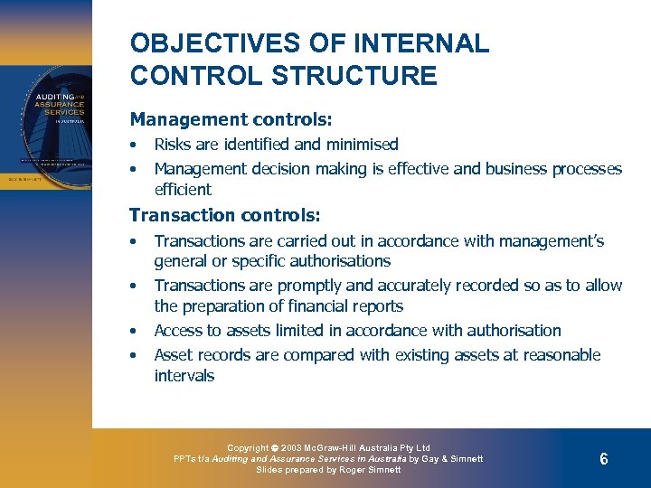 OBJECTIVES OF INTERNAL CONTROL STRUCTURE Management controls: • • Risks are identified and minimised