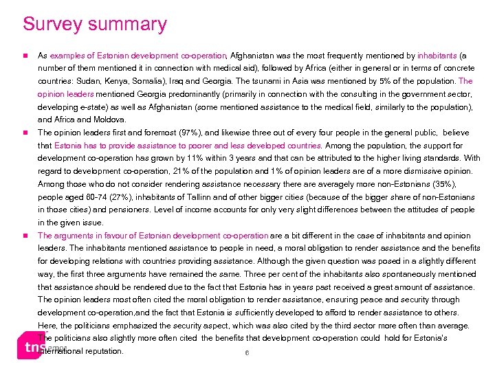 Survey summary n As examples of Estonian development co-operation, Afghanistan was the most frequently