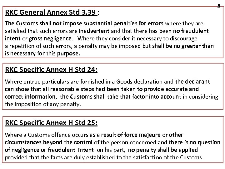 RKC General Annex Std 3. 39 : 5 The Customs shall not impose substantial