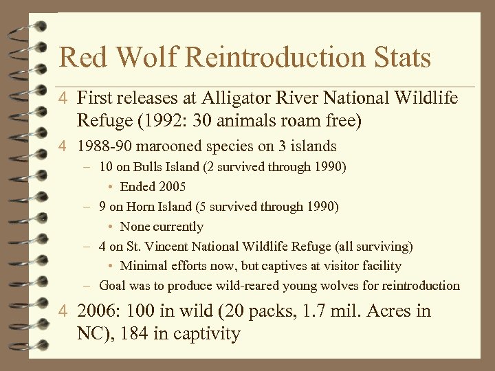Red Wolf Reintroduction Stats 4 First releases at Alligator River National Wildlife Refuge (1992: