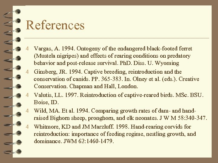 References 4 Vargas, A. 1994. Ontogeny of the endangered black-footed ferret 4 4 (Mustela