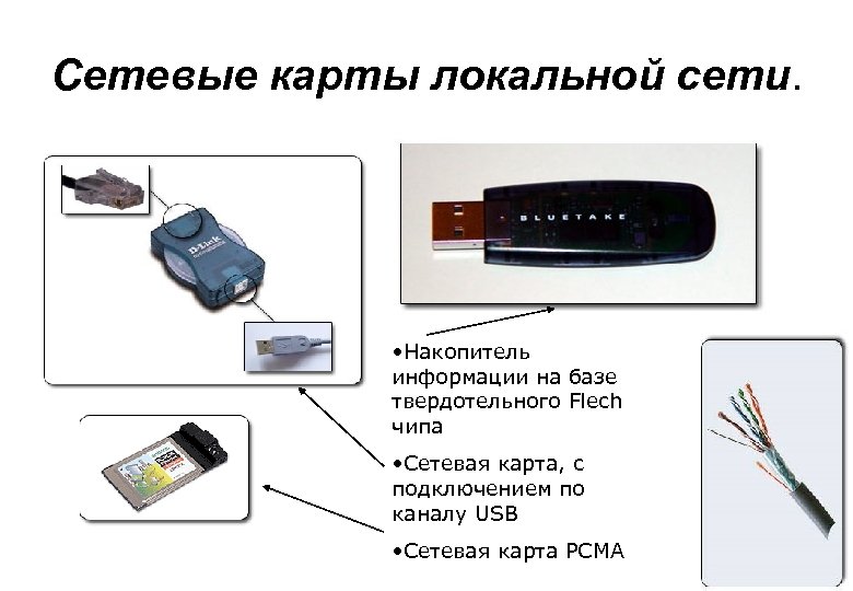 Сетевые карты локальной сети. • Накопитель информации на базе твердотельного Flech чипа • Сетевая