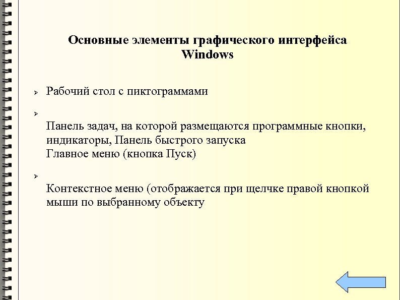Основные элементы графического интерфейса Windows Рабочий стол с пиктограммами Панель задач, на которой размещаются