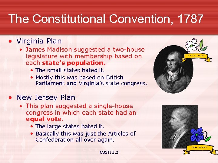 The Constitutional Convention, 1787 • Virginia Plan • James Madison suggested a two-house legislature