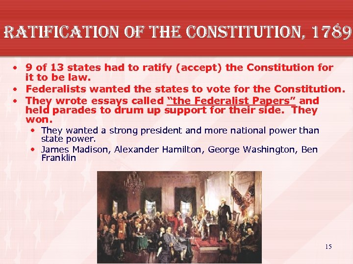 ratification of the constitution, 1789 • 9 of 13 states had to ratify (accept)