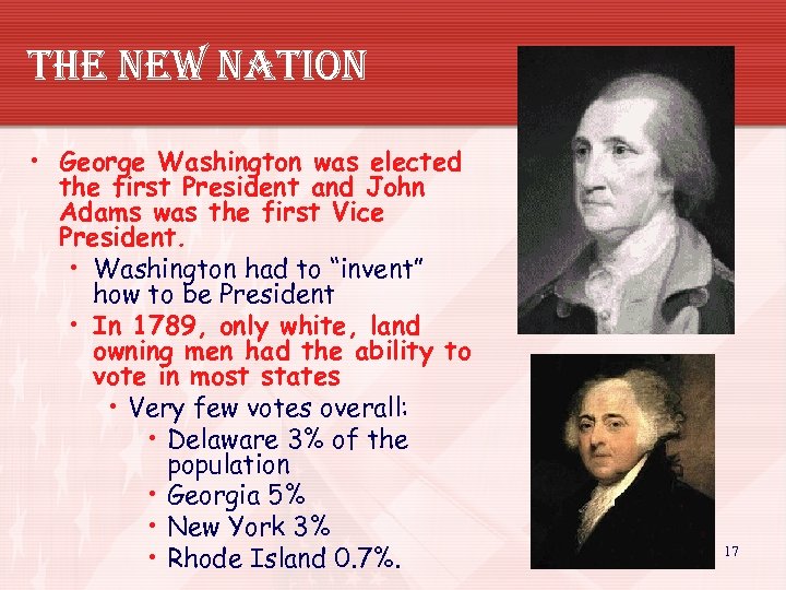 the new nation • George Washington was elected the first President and John Adams