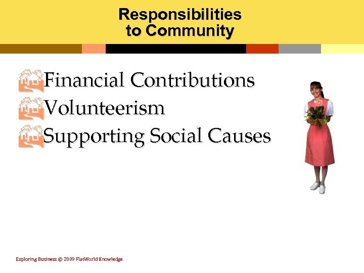 Responsibilities to Community BFinancial Contributions BVolunteerism BSupporting Social Causes Exploring Business © 2009 Flat.
