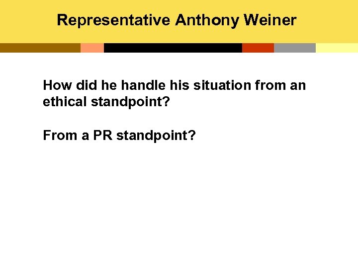 Representative Anthony Weiner How did he handle his situation from an ethical standpoint? From