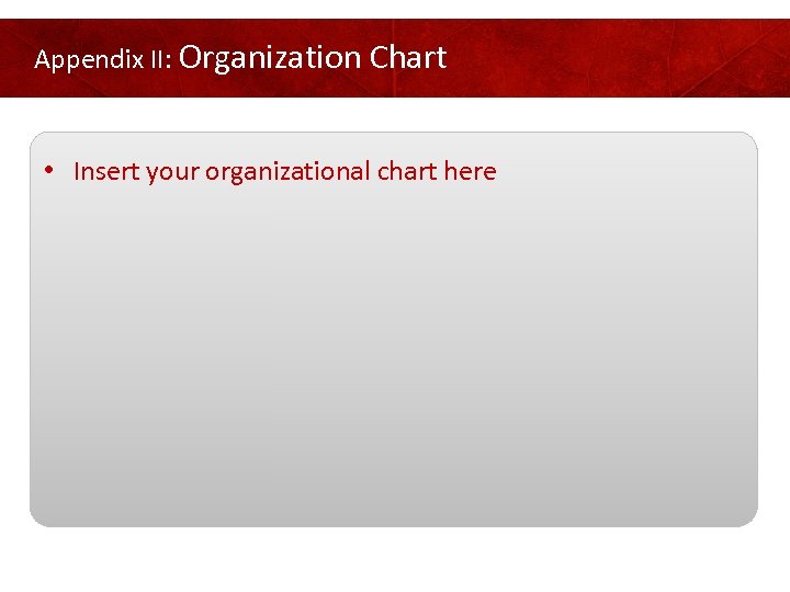 Appendix II: Organization Chart • Insert your organizational chart here 