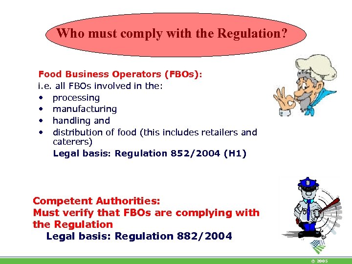 Who must comply with the Regulation? Food Business Operators (FBOs): i. e. all FBOs