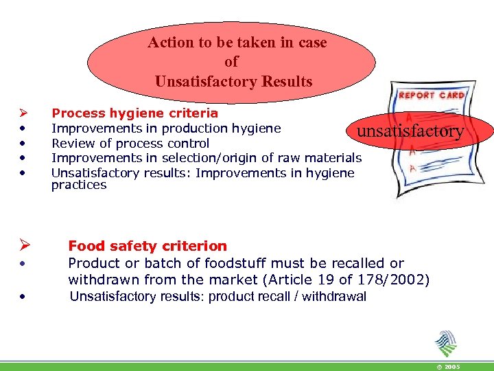 Action to be taken in case of Unsatisfactory Results Ø • • Process hygiene