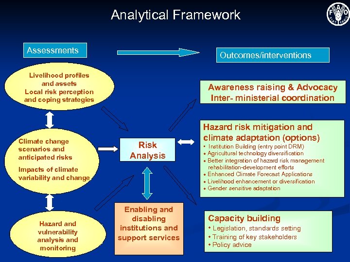 Analytical Framework Assessments Outcomes/interventions Livelihood profiles and assets Local risk perception and coping strategies