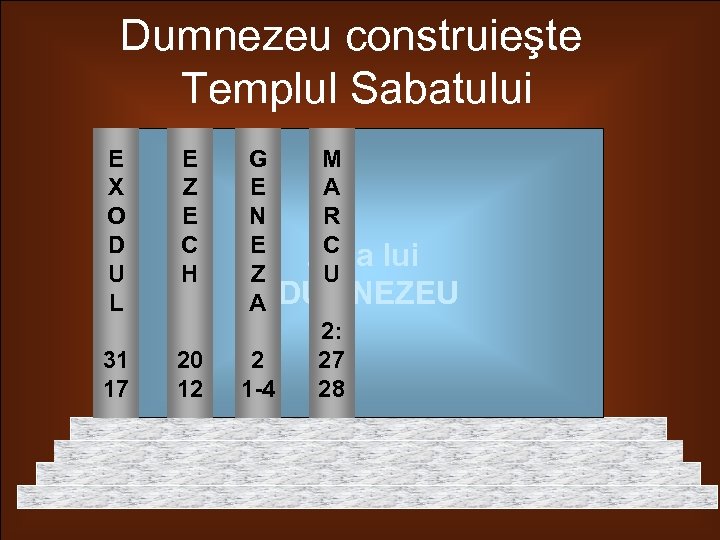 Dumnezeu construieşte Templul Sabatului E X O D U L 31 17 E Z