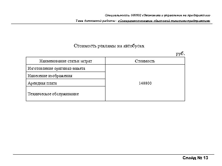 Специальность 080502 «Экономика и управление на предприятии» Тема дипломной работы : «Совершенствование сбытовой политики