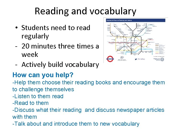 Reading and vocabulary • Students need to read regularly - 20 minutes three times