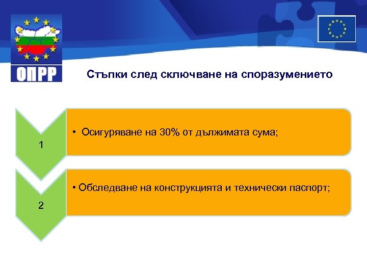 Стъпки след сключване на споразумението • Осигуряване на 30% от дължимата сума; 1 •