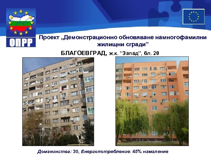 Проект „Демонстрационно обновяване намногофамилни жилищни сгради” БЛАГОЕВГРАД, ж. к. “Запад”, бл. 20 Домакинства: 30,